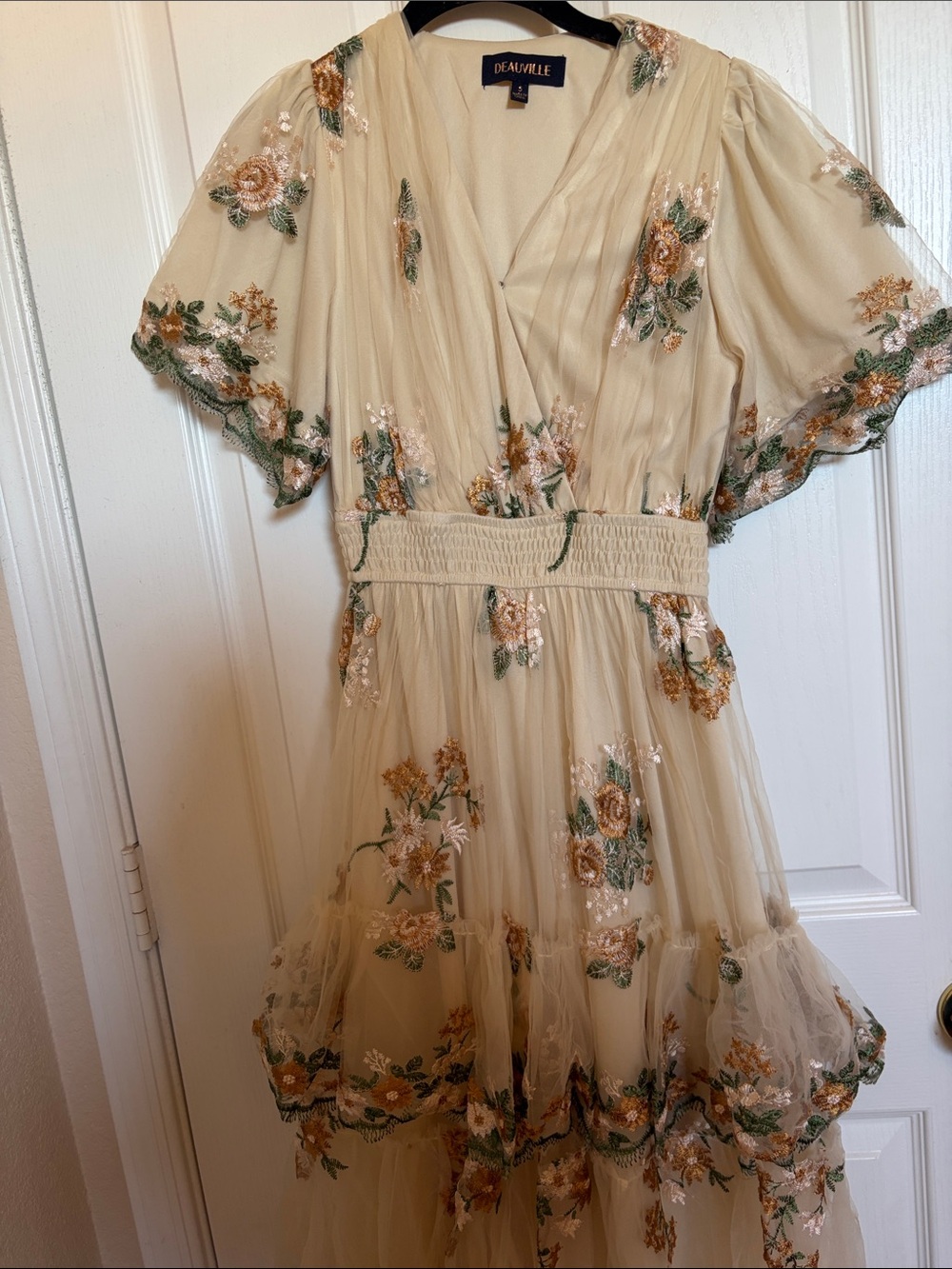 Cream Floral Embroidered Midi Dress